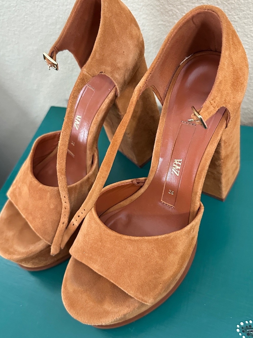 Zara Suede Platform Block Heels in Cognac